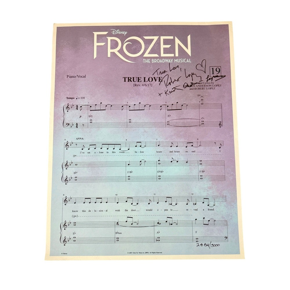 Disney Frozen Broadway Signed Sheet Music True Love Limited 2884/3000 Lopez 11x4